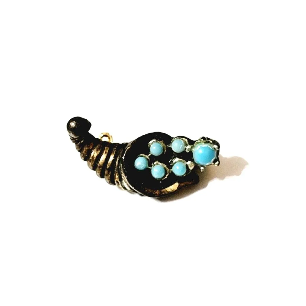 Vintage Gold Turquoise Brooch Pin Cornucopia Horn of Plenty Beaded Small Lucite